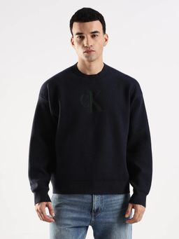 Calvin Klein - Men Navy Blue Logo Relaxed Fit Cotton Sweater