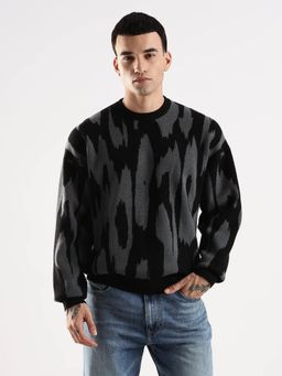 Calvin Klein - Men Black-Grey Abstract Relaxed Fit Acrylic Sweater