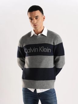 Calvin Klein - Men Grey-Navy Blue Logo Stripes Polyethylene Sweater