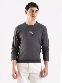 Calvin Klein - Men Grey Solid Relaxed Fit Cotton Sweater