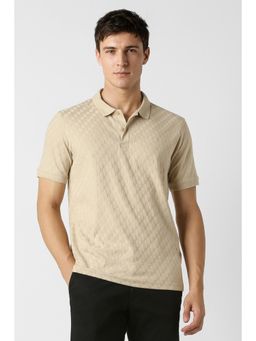 Peter England - Men Beige Textured Polo Neck T-shirt