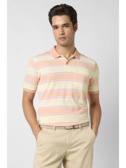 Peter England - Men Peach-Yellow Stripes Polo Neck T-shirt