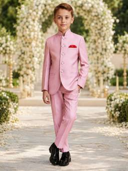 Kids Island - Pink Polycotton Solid/Plain Mandarin Neck Jodhpuri Jacket with Pant