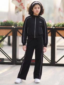 Lil Tomatoes - Black Fleece Solid/Plain Round Neck Jacket with Track Pant