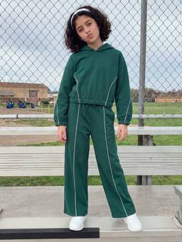 Lil Tomatoes - Green Fleece Solid/Plain Hooded Jacket with Track Pant