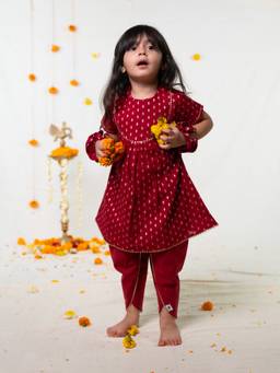 Polka Tots - Maroon Cotton Printed Round Neck Kurti with Dhoti