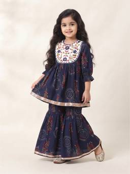 Blabber - Navy Blue Polycotton Floral Round Neck Kurti with Sharara