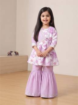 Blabber - Lavender Cotton Floral Round Neck Kurti with Sharara