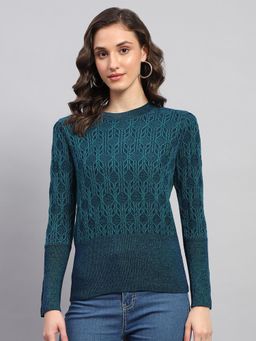 Monte Carlo - Women's Solid Teal Round Neck Full Sleeve Top