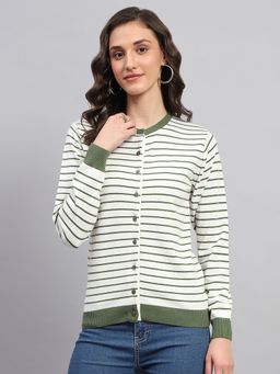 Monte Carlo - Women's Striped White Round Neck Full Sleeve Cardigan