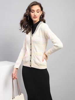 Monte Carlo - Women's Self Design Multi Colour V Neck Full Sleeve Cardigan
