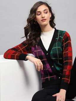 Monte Carlo - Women's Checks Multi Colour V Neck Full Sleeve Cardigan