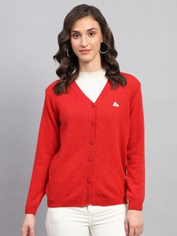Monte Carlo - Women's Solid Red V Neck Full Sleeve Cardigan