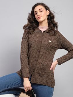 Monte Carlo - Women's Self Design Brown Collared Neck Full Sleeve Cardigan