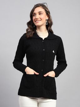 Monte Carlo - Women's Self Design Navy Blue Collared Neck Full Sleeve Cardigan