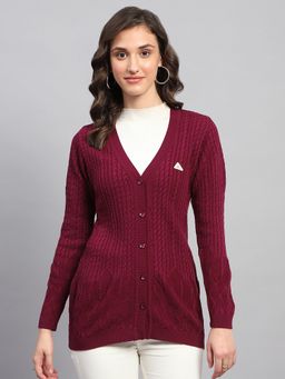 Monte Carlo - Women's Self Design Wine V Neck Full Sleeve Cardigan