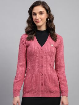 Monte Carlo - Women's Self Design Pink V Neck Full Sleeve Cardigan