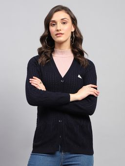 Monte Carlo - Women's Self Design Navy Blue V Neck Full Sleeve Cardigan