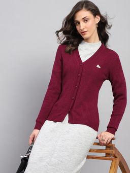 Monte Carlo - Women's Self Design Wine V Neck Full Sleeve Cardigan