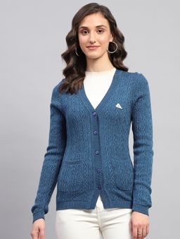 Monte Carlo - Women's Self Design Blue V Neck Full Sleeve Cardigan