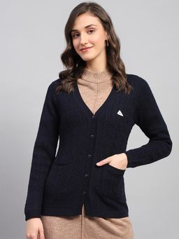 Monte Carlo - Women's Self Design Navy Blue V Neck Full Sleeve Cardigan