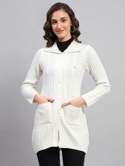 Monte Carlo - Women's Self Design White Collared Neck Full Sleeve Cardigan
