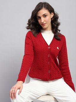 Monte Carlo - Women's Self Design Red V Neck Full Sleeve Cardigan