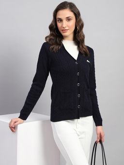 Monte Carlo - Women's Self Design Navy Blue V Neck Full Sleeve Cardigan