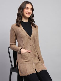 Monte Carlo - Women's Stripped Brown V Neck Full Sleeve Cardigan