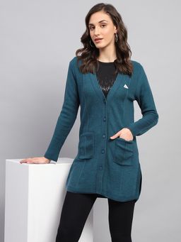 Monte Carlo - Women's Stripped Teal V Neck Full Sleeve Cardigan