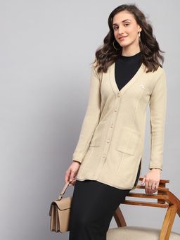 Monte Carlo - Women's Stripped Beige V Neck Full Sleeve Cardigan