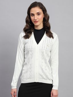 Monte Carlo - Women's Self Design White V Neck Full Sleeve Cardigan