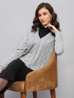 Monte Carlo - Women's Self Design Grey V Neck Full Sleeve Cardigan