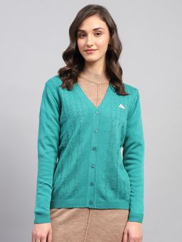 Monte Carlo - Women's Self Design Teal V Neck Full Sleeve Cardigan