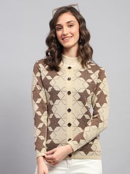 Monte Carlo - Women's Self Design Brown Crew Neck Full Sleeve Cardigan