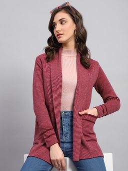 Monte Carlo - Women's Stripped Maroon Front Open Full Sleeve Cardigan