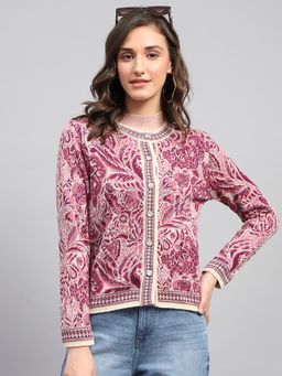 Monte Carlo - Women's Floral Pink Round Neck Full Sleeve Cardigan