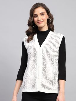 Monte Carlo - Women's Self Design White V Neck Sleeveless Cardigan