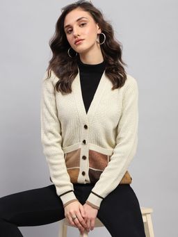 Monte Carlo - Women's Solid Beige V Neck Full Sleeve Cardigan