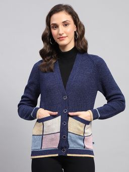 Monte Carlo - Women's Solid Navy Blue V Neck Full Sleeve Cardigan