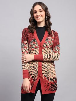 Monte Carlo - Women's Self Design Red V Neck Full Sleeve Cardigan