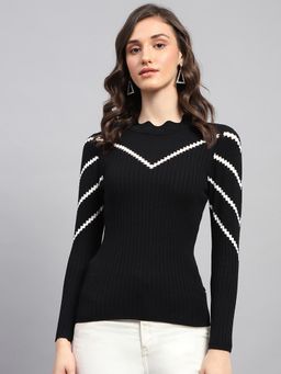 Monte Carlo - Women's Solid Black Round Neck Full Sleeve Sweater