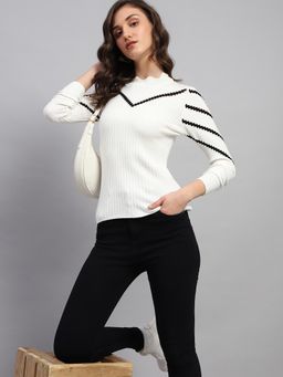 Monte Carlo - Women's Solid White Round Neck Full Sleeve Sweater