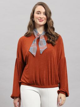 Monte Carlo - Women's Solid Rust Round Neck Full Sleeve Top
