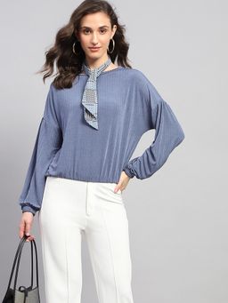 Monte Carlo - Women's Solid Blue Round Neck Full Sleeve Top