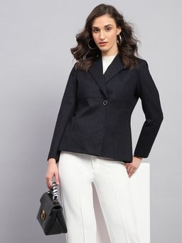 Monte Carlo - Women's Solid Navy Blue Notch Lapel Full Sleeve Coat