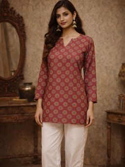 Odette - Maroon Silk Blend Floral Kurti