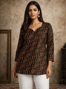Odette - Women Black Silk Blend Floral Kurti
