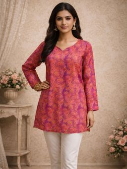 Odette - Women Pink Silk Blend Floral Kurti