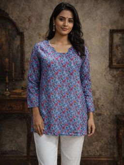 Odette - Women Blue Silk Blend Floral Kurti